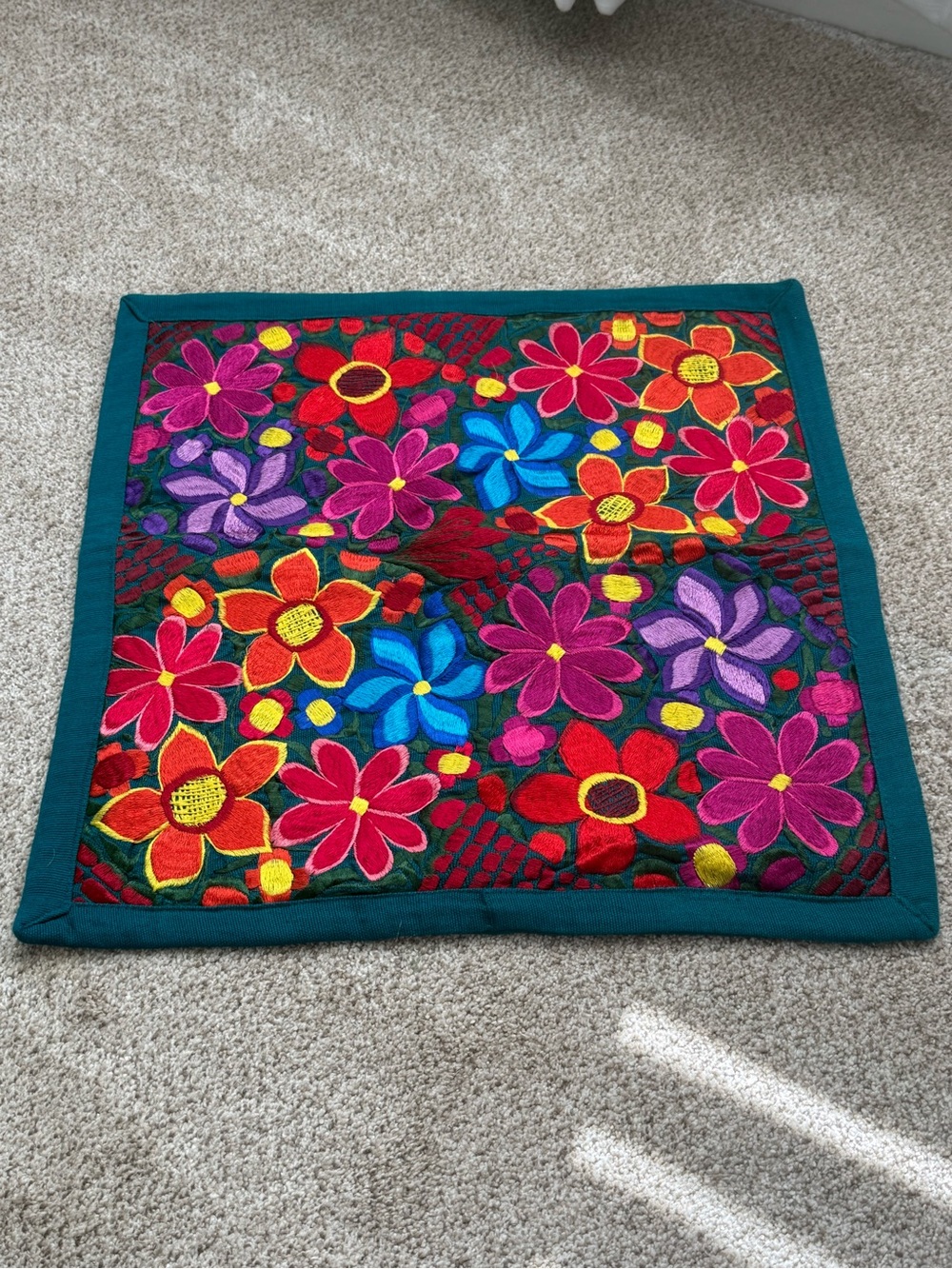 Handcrafted Floral Embroidered Accent Pillow Cover in Teal